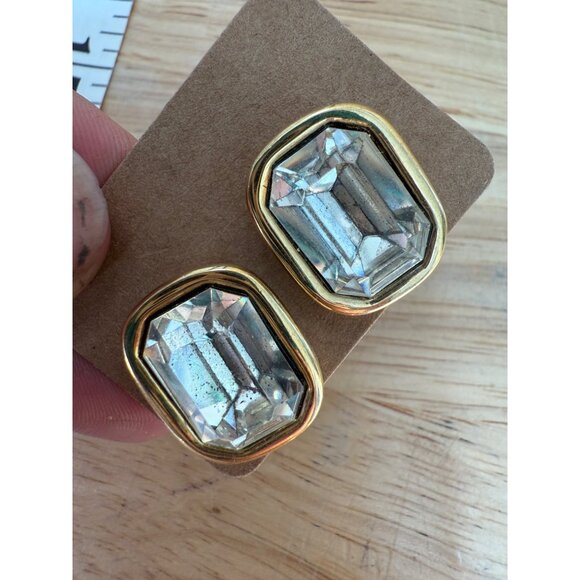 Givenchy Vintage Gold-Tone Crystal Stud Earrings Rectangular Clear Glass Rhinest - Picture 3 of 13